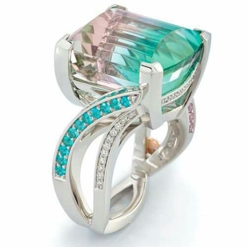 Fascinerende Blue Gradient Oostenrijkse Kristal Ringen Voor Vrouwen Boho Vierkante Zirconia Bridal Wedding Party Ring Mode-sieraden