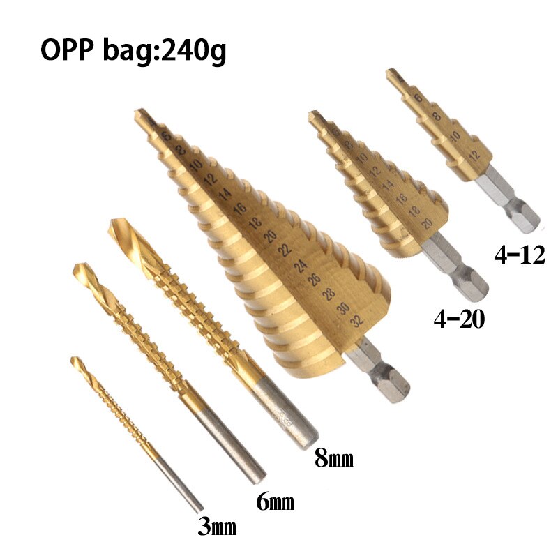 Stegborr och borrkrona fräs 6 st/set försänkning för metall/trä，borr för metallkon 32mm, -stegs ljus: 6 st upp
