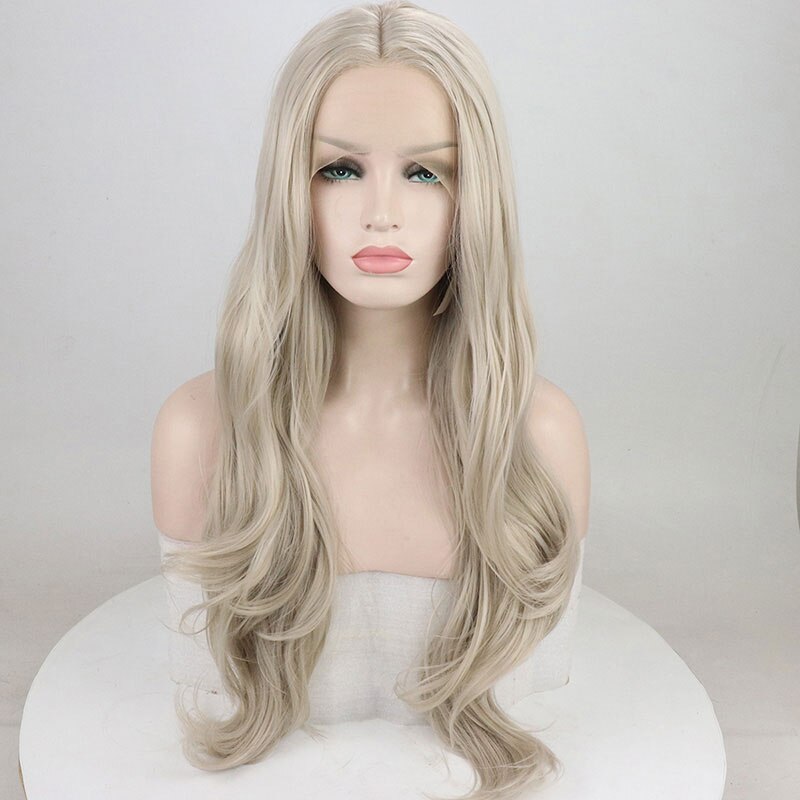 Bombe Platin Grau Natürliche Welle Synthetische 13*3 Spitze Vorne Perücke Glueless Hitze Beständig Faser Haar Natürlichen Haaransatz Für frauen