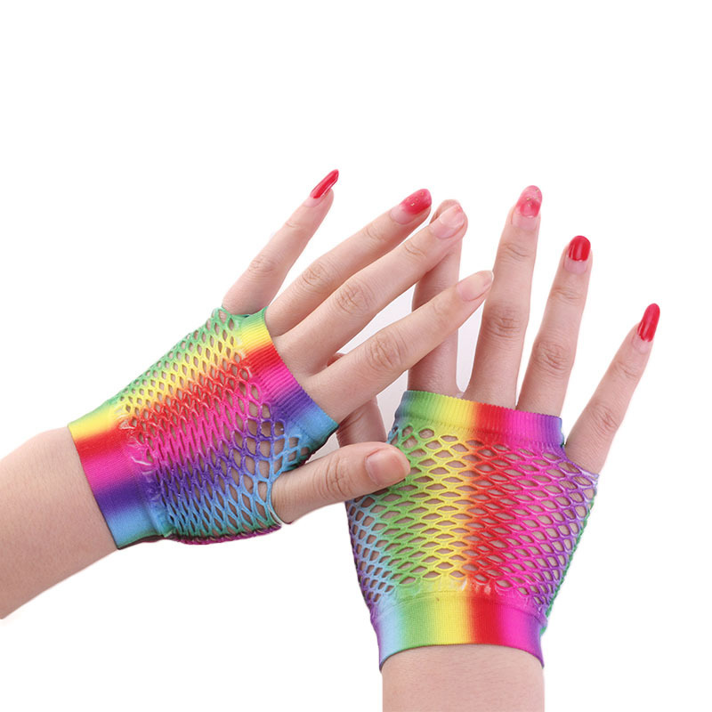 1 paar Regenbogen Farbe Damen sexy Gittergewebe Netz Fischnetz Handschuhe Frauen Aushöhlen Löcher Finger Handschuhe Dame Disko tanzen Kostüm handschuh