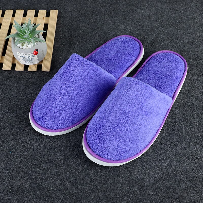 Disposable Slippers Hotel Open Toe Slides Close Toe Non-slip Travel Indoor Guest Slippers Portable Coral fleece Shoes 10 Pairs: Purple1