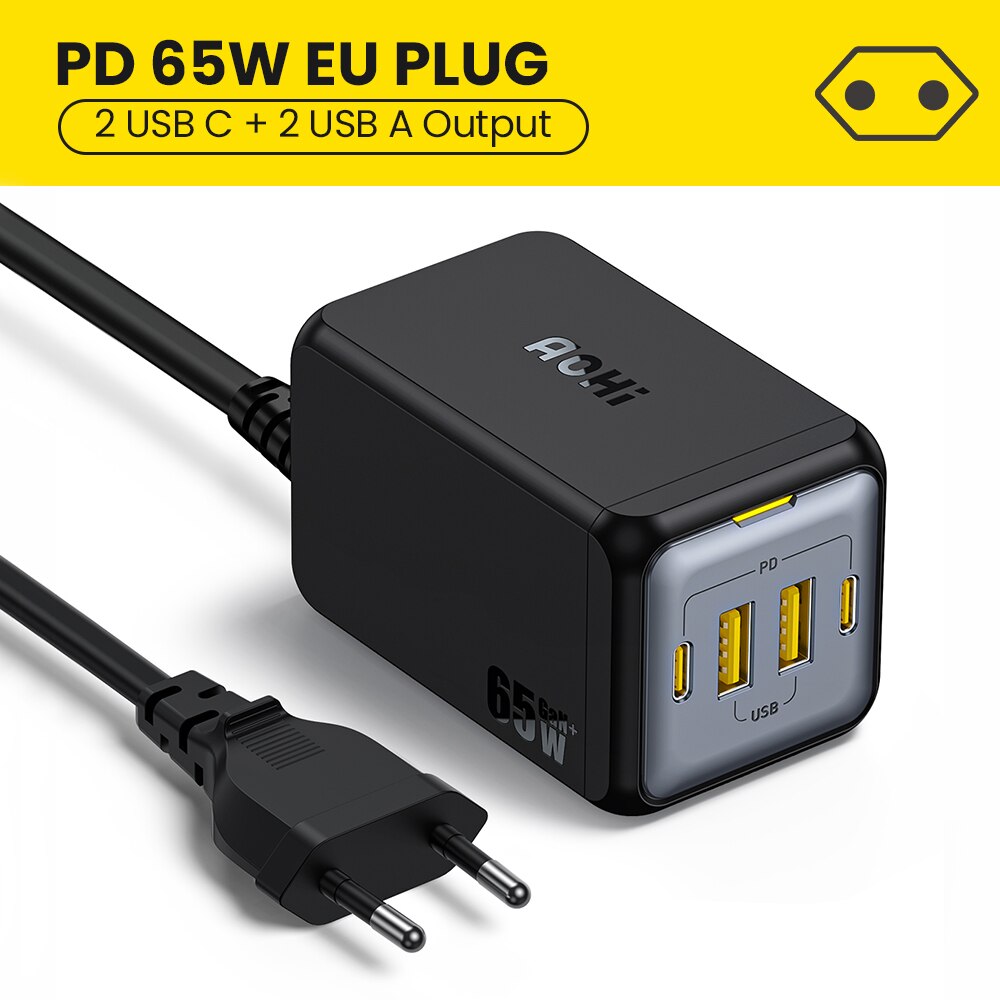 AOHI USB C Ladegerät GaN 65W 4-Port Desktop USB Ladestation PD Schnelle Lade Adapter für Macbook iPhone 13 12 Pro Max Galaxy: EU Plug-Black
