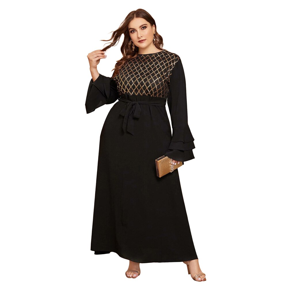 Donne Paillettes Abito Lungo Abaya Dubai Chiffon Caftano Turco Jilbab Musulmano Plus Size Maxi Abito Abito Del Partito Caftano Ramadan Islamico: Black / XXXL