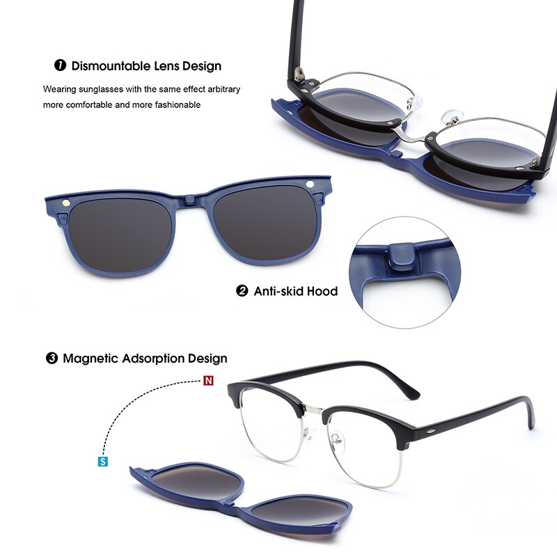 5Stck Magnetische Polarisierte Clip Auf Sonnenbrillen Frauen Männer Kunststoff Rahmen für Nacht Fahren Sonnenbrille UV400