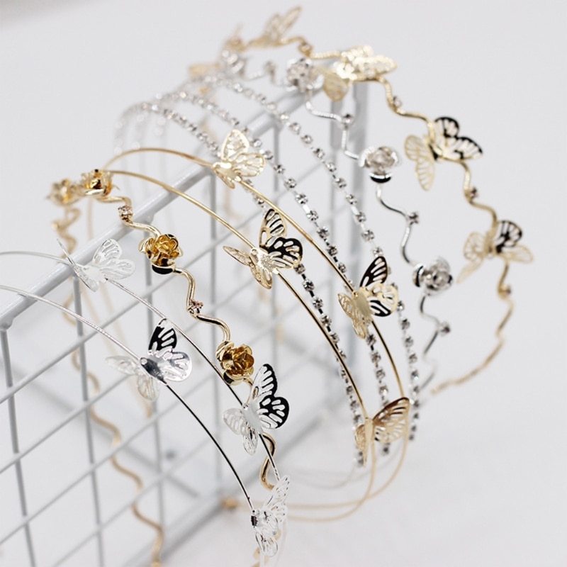 Kvinder dobbelt lag metallegering pandebånd hul sommerfugl blomstret hår bøjle smykker rhinestone bryllup hovedbeklædning
