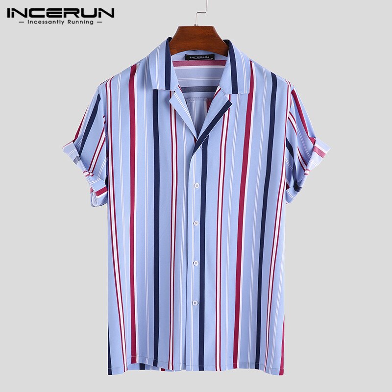 INCERUN Summer Striped Men Shirt Breathable Lapel Short Sleeve Streetwear Beach Shirts Vacation Casual Camisas Hombre S-5XL: Blue Shirt / XL