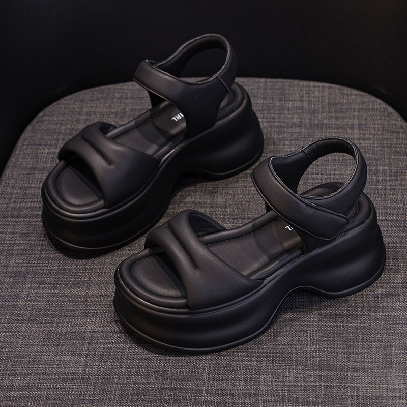 Koznoy 8cm mikrofiberläderstövlar bekväma gummisandaler ihåliga plattskor andningsbara peep toe kvinnor tofflor sommar hook skor: Blå / 35