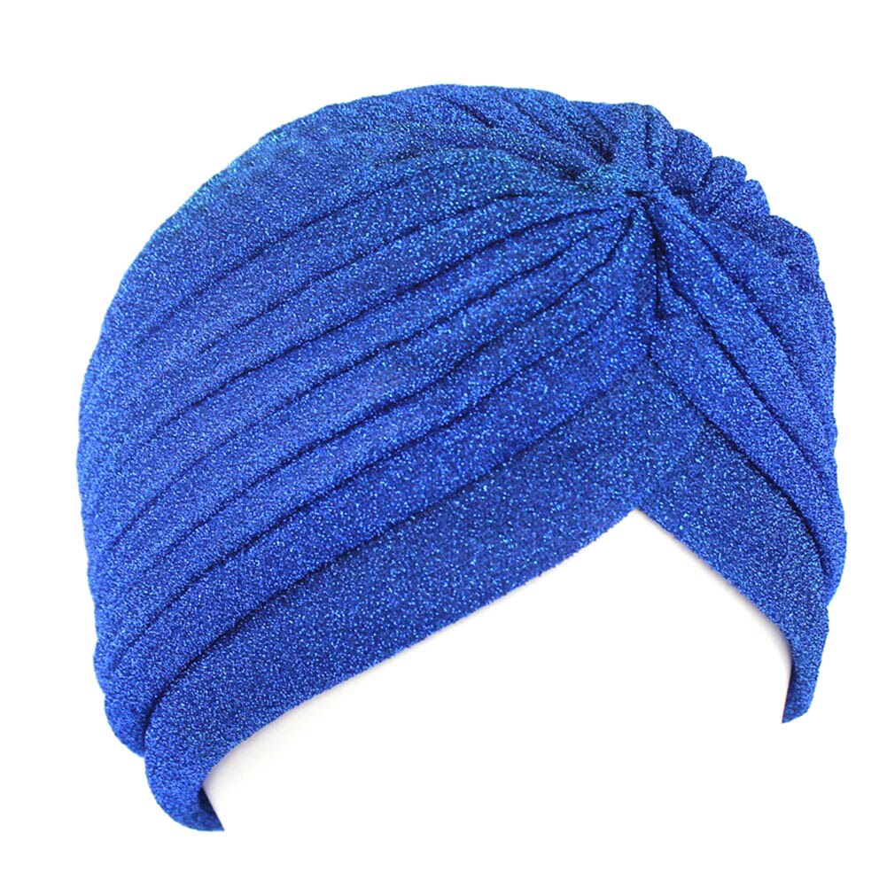 Snoet turban kasket kvinder mænd skinnende muslim hijab kvinde guld sølv glitter hovedtørklæde afslappet ensfarvet indisk hat: Blå