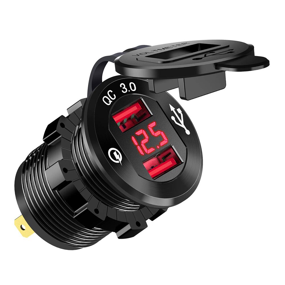 Hurtig opladning 3.0 dobbelt usb oplader stik vandtæt aluminium power charge led voltmeter til 12v/24v bil båd motorcykel usb auto: Sort rød