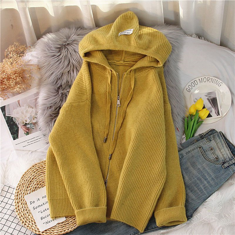 2025 primavera nova moda temperamento grosso cor sólida com capuz malha cardigan casaco com zíper camisola feminina solta topo grosso roupas femininas
