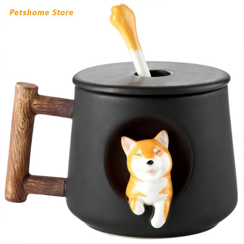 Taza de cerámica con dibujos de animales Shiba Inu para hombre y mujer, creativa, pareja con tapa, cuchara para beber, taza de agua café: Black