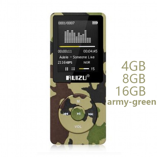 RUIZU X02-reproductor de Mp3 ultradelgado, Usb, 4GB, 8Gb, 16GB, almacenamiento, pantalla de 1,8 pulgadas, 80h, Radio Fm, E-Book, reproductor de música: Army green / 8 GB