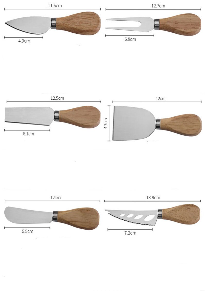 Premium 6-Piece Cheese Knife Set with Box Complete Rubber Wood Handle Steel Stainless Cheese Knives Collection