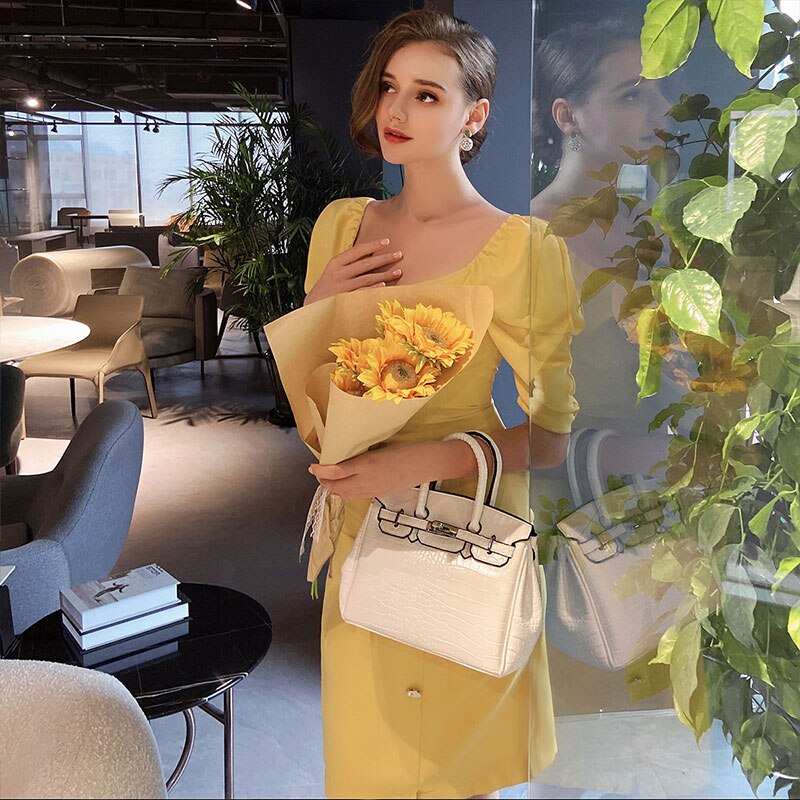 Dabuwawa Exclusive Vintage Yellow Dress Women Square Neck Puff Sleeve Single Breasted Split Hem Sexy Dress Ladies DO1BDR102