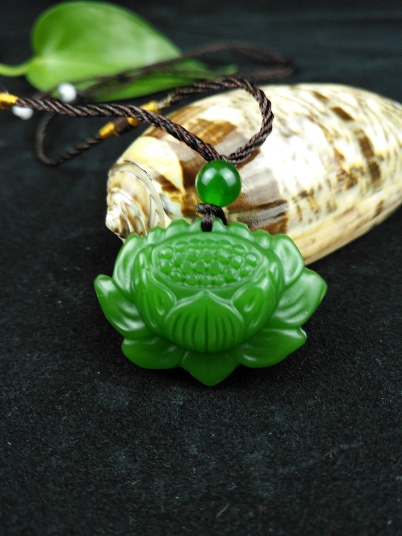 Chinese Green Jade Lotus flower Pendant Beads Necklace Charm Jewellery Accessories Hand-Carved Men Lucky Amulet