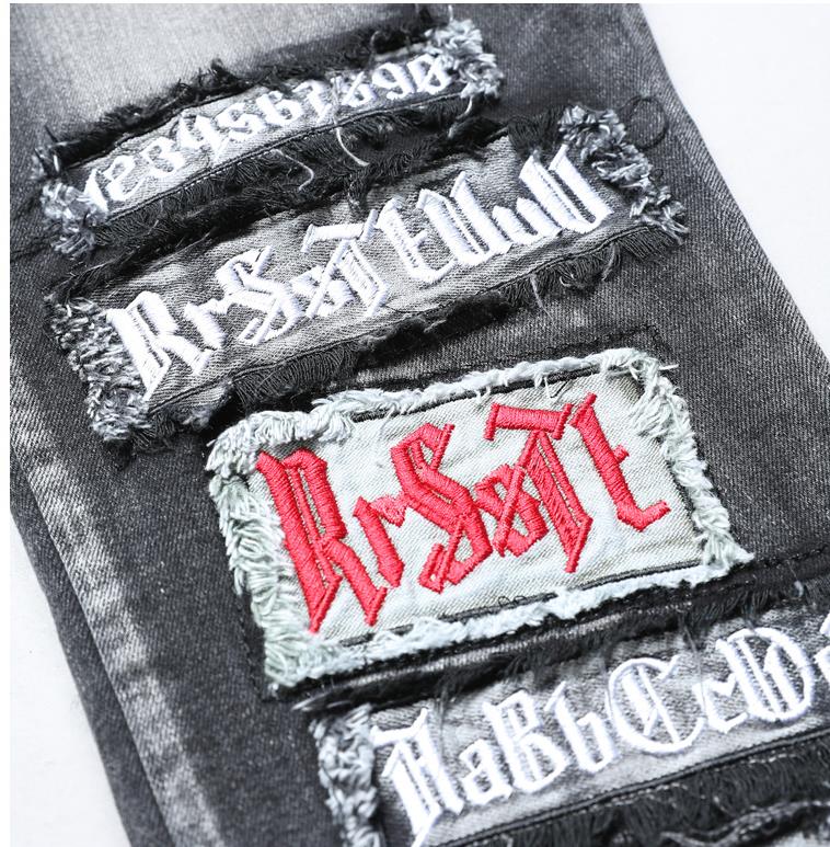 Pantalones vaqueros rasgados y ajustados a la para hombre, pantalones vaqueros elásticos deshilachados, pantalones vaqueros con parches bordados Retro, vaqueros de Hip Hop Rock