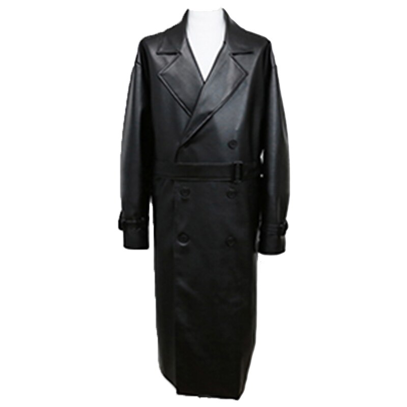 Mauroicardi Spring Long Black Oversized Leather Trench Coat Men 2022 Shoulder Long Sleeve Belt Faux Leather Coats for Men