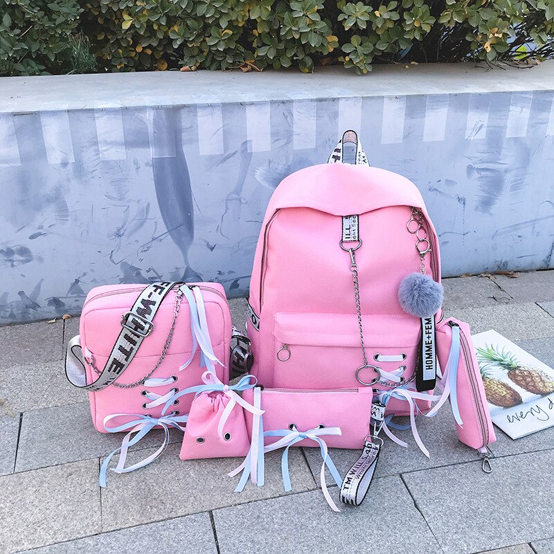 Bolso de lona para mujer, mochila, 5 unids/set, bolso escolar, bolso de viaje, , borla, para mujer, adolescentes,: chain pink  sets