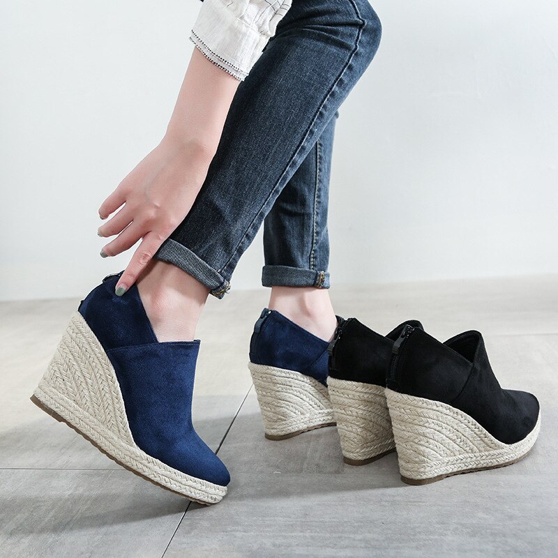 Women High Heel Wedges Paltform Style Shoes Espadriles Pointed Toe Thick Bottom High Heels Straw Sandals