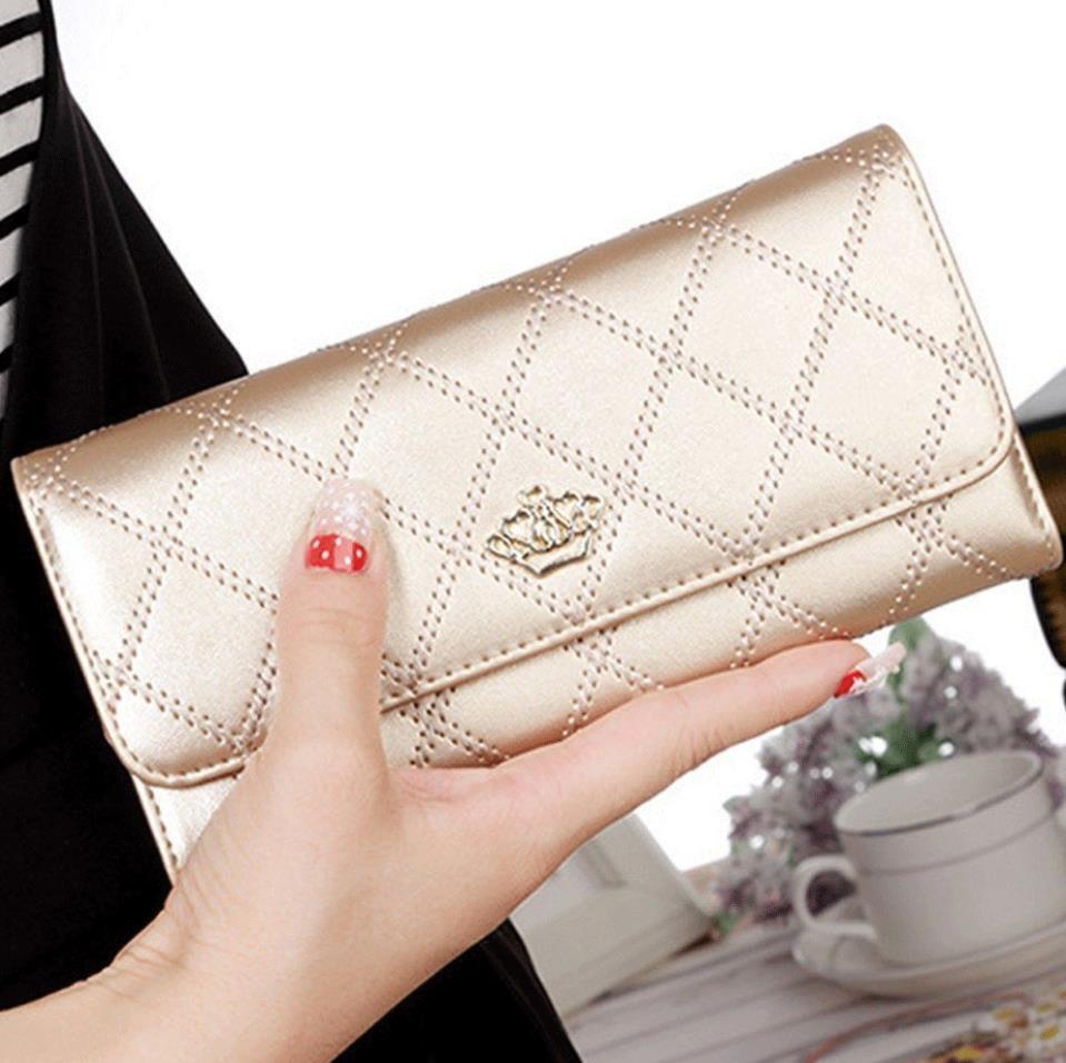 Kvinder dame kobling læder plaid hasp tegnebog lang længde kortholder telefon taske taske pung: Champagne