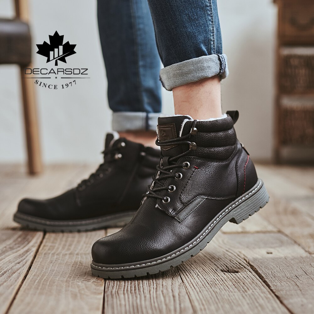 DECARSDZ-Botas de nieve cálidas y cortas para hombre, zapatos a la , con cordones, de piel sintética, para invierno,