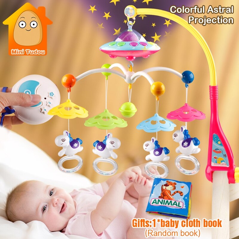 MiniTudou Baby Speelgoed 0-12 Maanden Crib Mobiele Muzikale Bed Bel Met Dier Rammelaars Projectie Cartoon Vroeg Leren Kinderen speelgoed