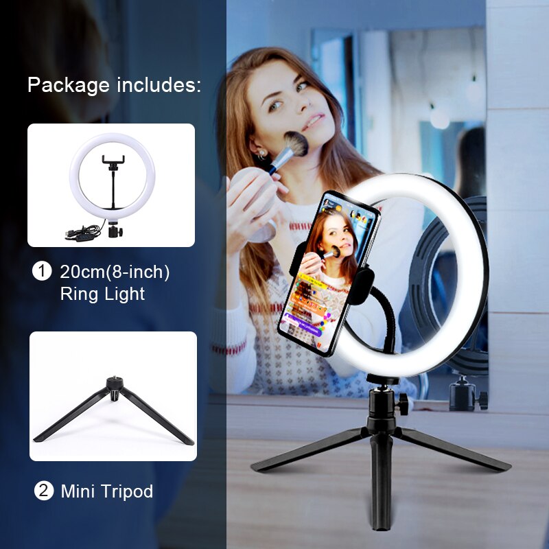 Éclairage Ring Light à Led avec trépied et Support Mobile, éclairage annulaire pour photographie et diffusion vidéo en direct: 20cmLight MiniTripod