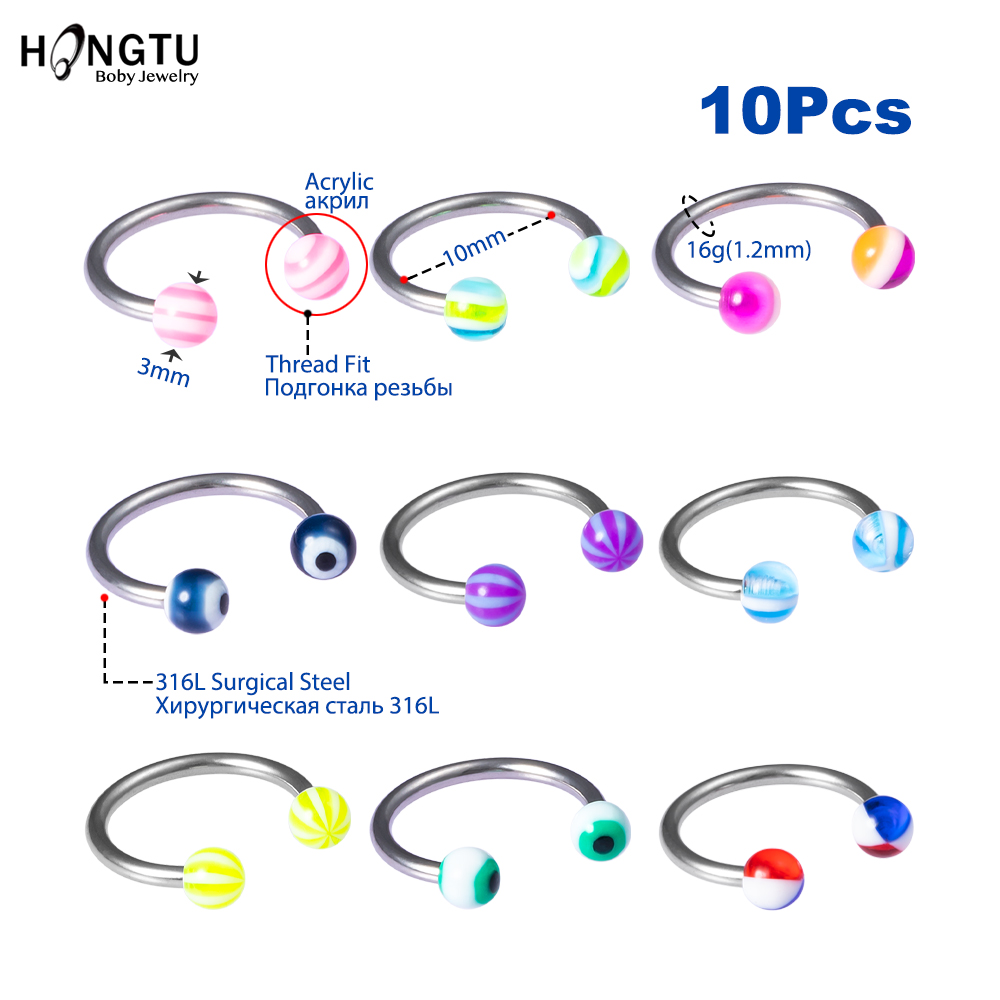 10 unids/set colorido acrílico anillos de nariz oreja Piercing Barra para Circular Barbell anillo labial labret ceja, oreja Piercings joyas de cuerpo