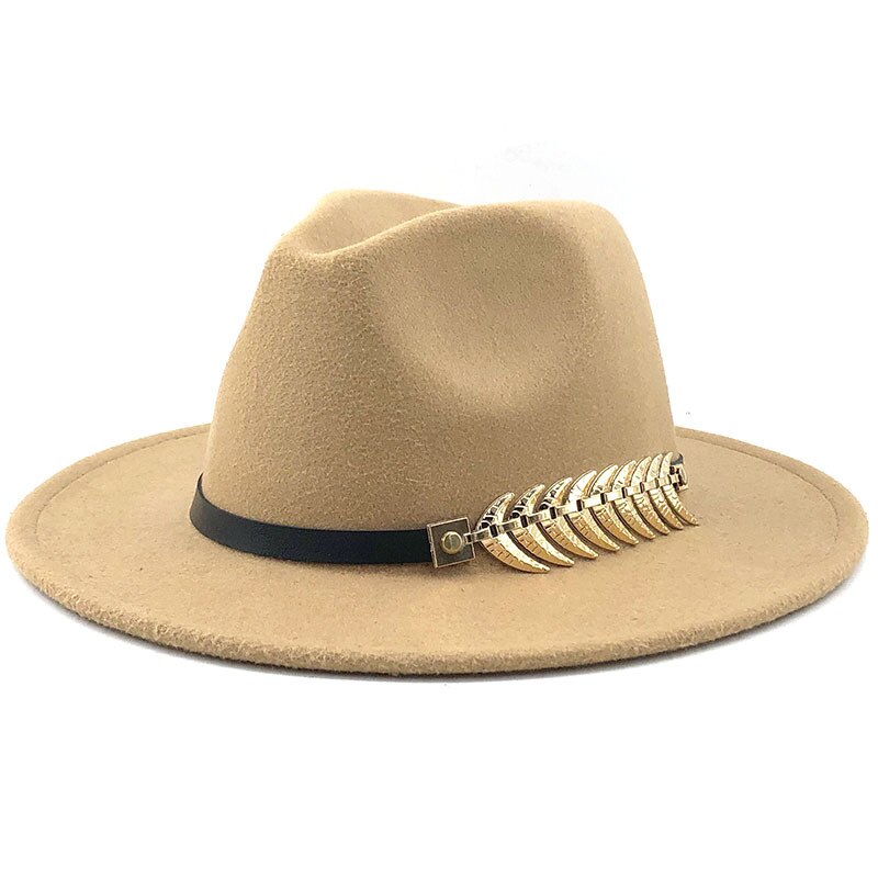 Female Jazz Hat Fashionable Metal Leaf Jazz Hat Woolen Winter Fedora Hat for Women: Camel