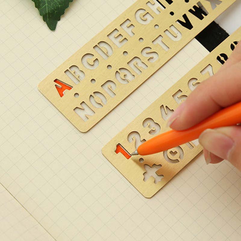 EZONE Number/Alphabet Pattern Ruler Golden Metal Drawing Template Multifunctional Hollow Out Brass Ruler Bookmark School Supply