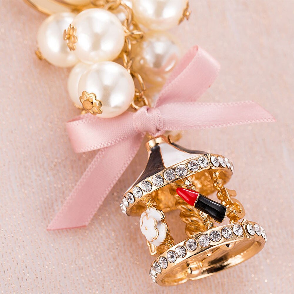 Carousel Keychain Women Pendant For Handbag Bag Exquisite Pearl String Carousel Car Key Chain Girls Bag Car Strap Pendant