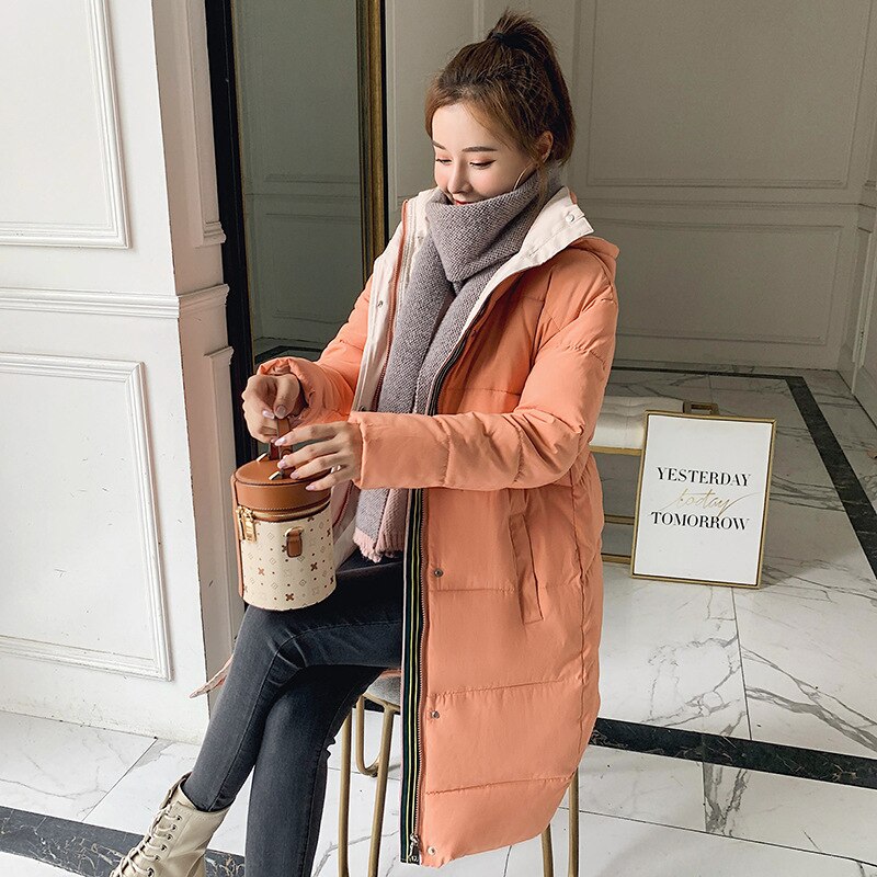 Medium lang hætte dun parka frakke vinterjakke kvinder slank tyk varm casual parkaer kvindelig kontor dame: Orange / L