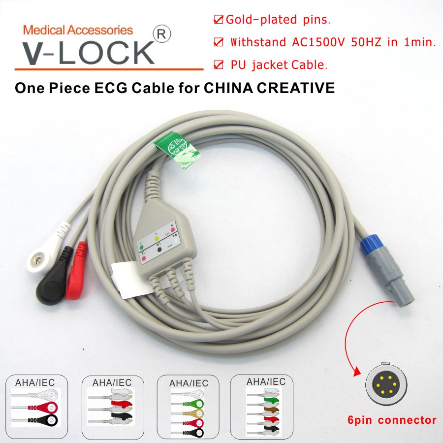Criticare Compatible ECG Cable - 6 Pin, 3 Leads With Snap Connectors (AHA Compatible)