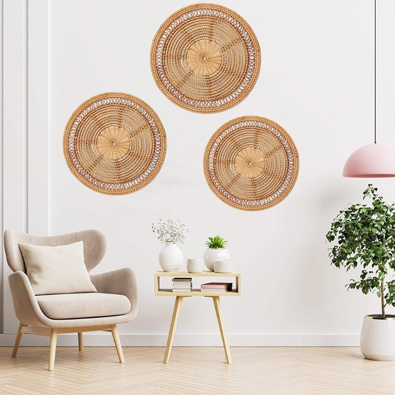 Panier mural suspendu fait à la main en rotin tissé naturel, plateau décoratif rond, bol Boho pour la maison, salon cuisine