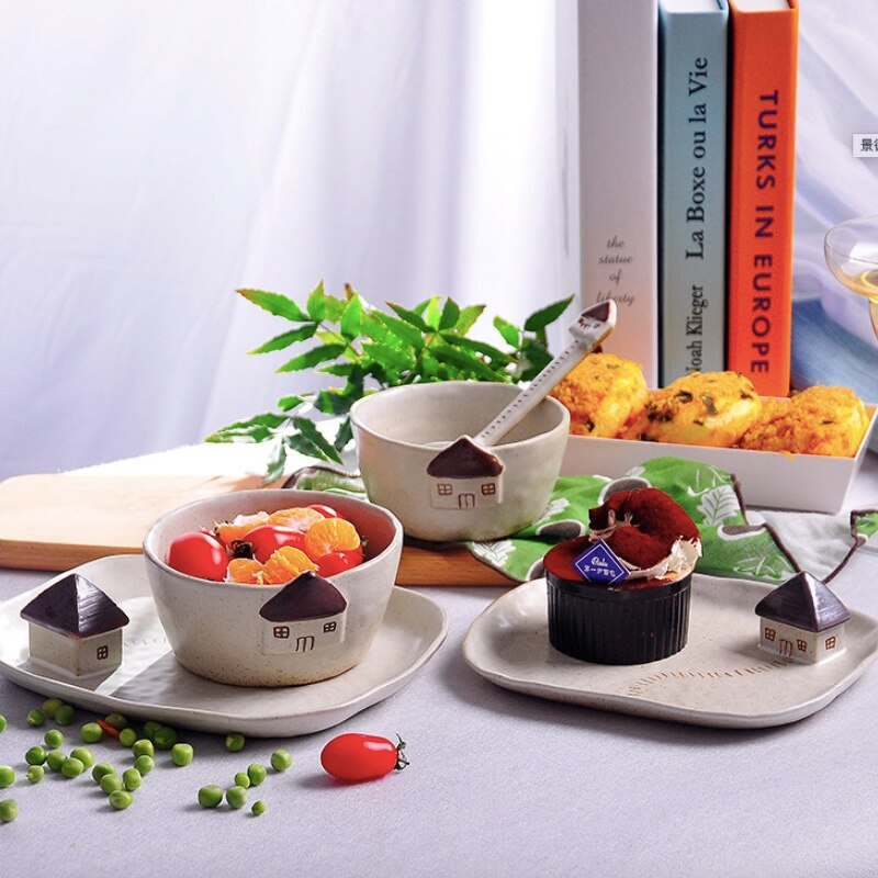 Cartoon Dinner Plate Set Ceramic Kitchen Plate Breakfast Tableware Set Dishes Spoon Desert Rice Nut Salad Noodles Bowl Soup