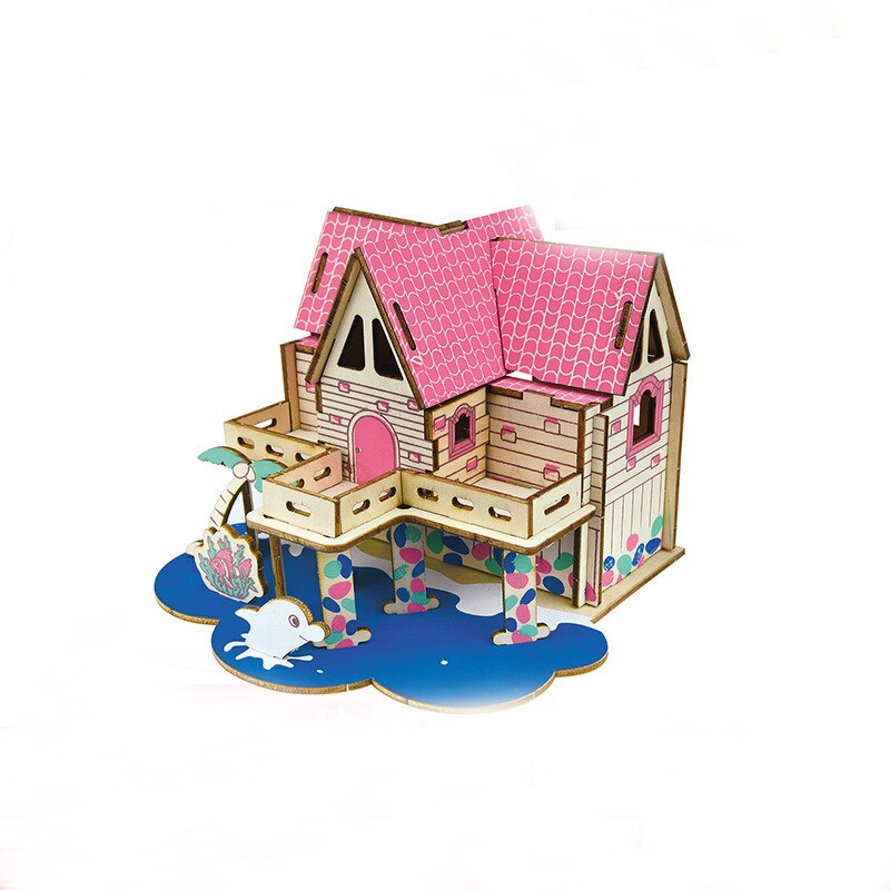 Wooden 3D three-dimensional handmade diy wooden puzzle cottage model children's toys: Brown