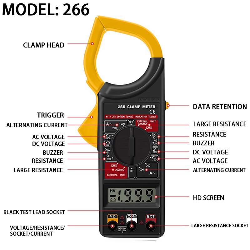 Digital Voltage Clamp Meter Multimeter Current Clamp Meter Buzzer Data Hold Non-contact Multimeter Voltmeter Ohmmeter Ammeter