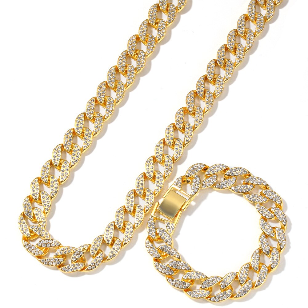 Hip hop masculino delicado selvagem cubana corrente ouro prata jóias 15mm miami diamante colar pulseira conjunto zircon cubo de gelo cúbico presente: Gold Plus bracelet / 30 Inch