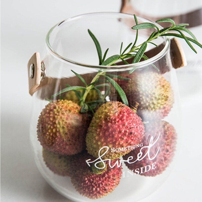 Clear Glass Vase with Leather Handle Tabletop Flower Container Flowerpot Plant Bottle Organizer Storage Jar Home Decor Retailsal