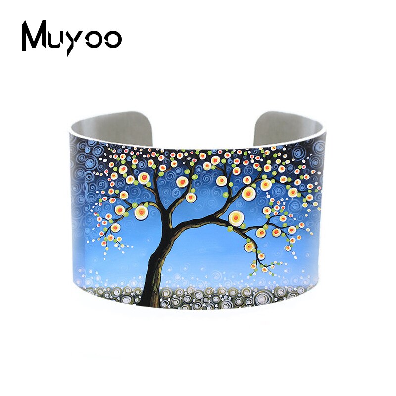 Original Abstract Landscape Painting Handmade Aluminum Cuff Vintage Tree Art Oil Painting Adjustable Bangles Cuff: 6