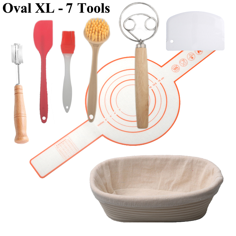 Bread Basket Set Kitchen Banneton Natural Rattan Basket With Linen Cover 7 Pcs Tools Sourdough Baking Tool Bread Proofing Basket: Dark Khaki