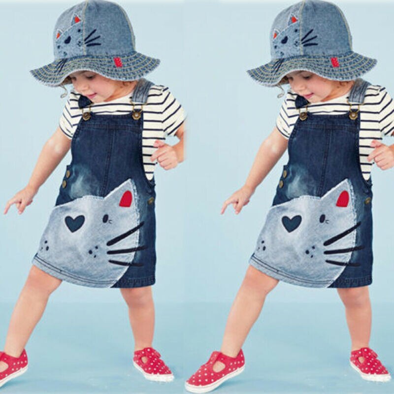 Canis børn baby pige sommer denim strop kjole jumpsuit soldragt kort nederdel jakkesæt
