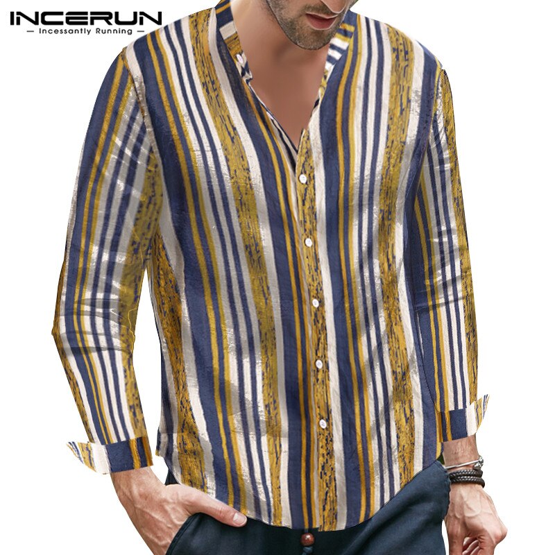 Incerun Vintage Gestreepte Mannen Shirts Lange Mouw Stand Kraag Blouse Man Katoen Chic Ademende Casual Shirts Lente Mens Camisa