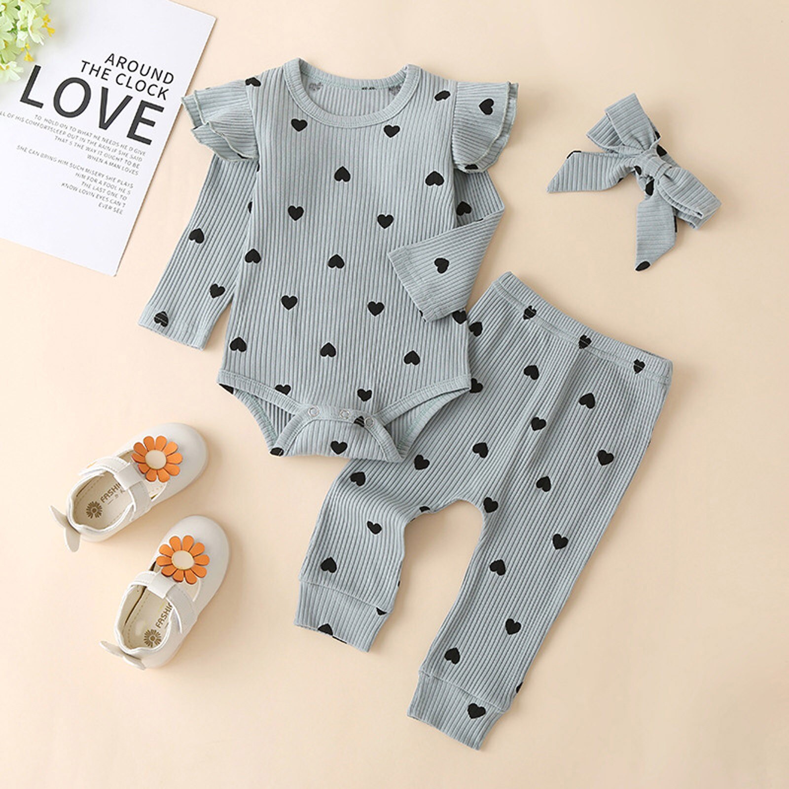 heart Print Jumpsuit Toddler Kids Baby Girls Solid Ruffle Romper+Pants+Bowknot Headbands Outfits Warm roupa infantil menina