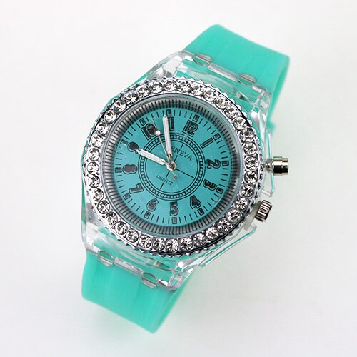Led-flitser lichtgevend horloge met gelei, rubber, dameshorloge, studentenhorloge, quartzhorloge, lichtgevende klok, liefhebbers: Muntgroen