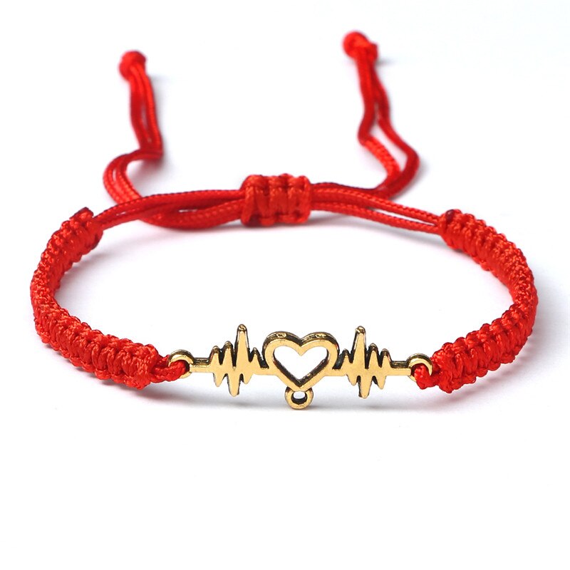 Goud Hartslag Cardiogram Armbanden Vrouwen Rood Zwart Touw Handgemaakte Weven Minnaar Sieraden Armband Speciale Cadeaus Voor Beste Vrienden: Red-gold