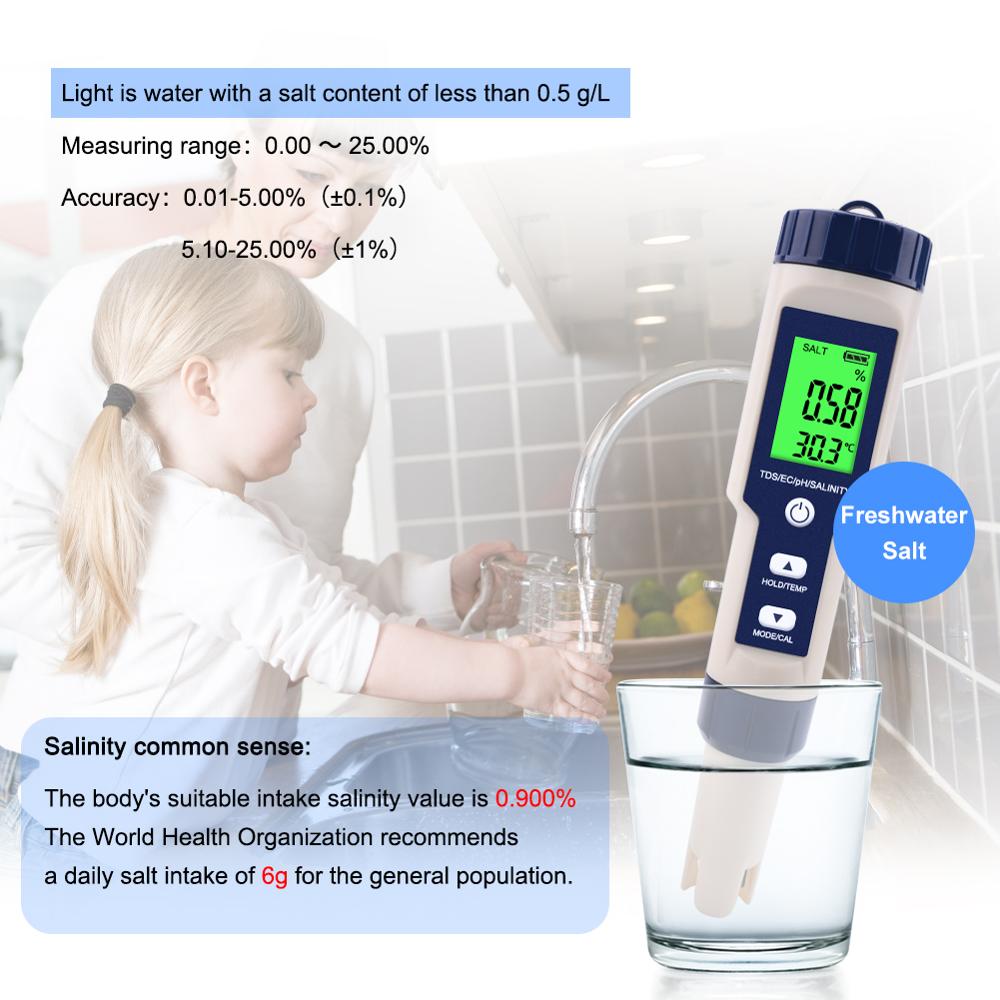 Digitale Water Tester 5 In 1 Ph/Tds/Ec/Zoutgehalte/Temperatuur Tester Pen Waterdichte Multi-functie Meter Voor Aquarium Zwembad