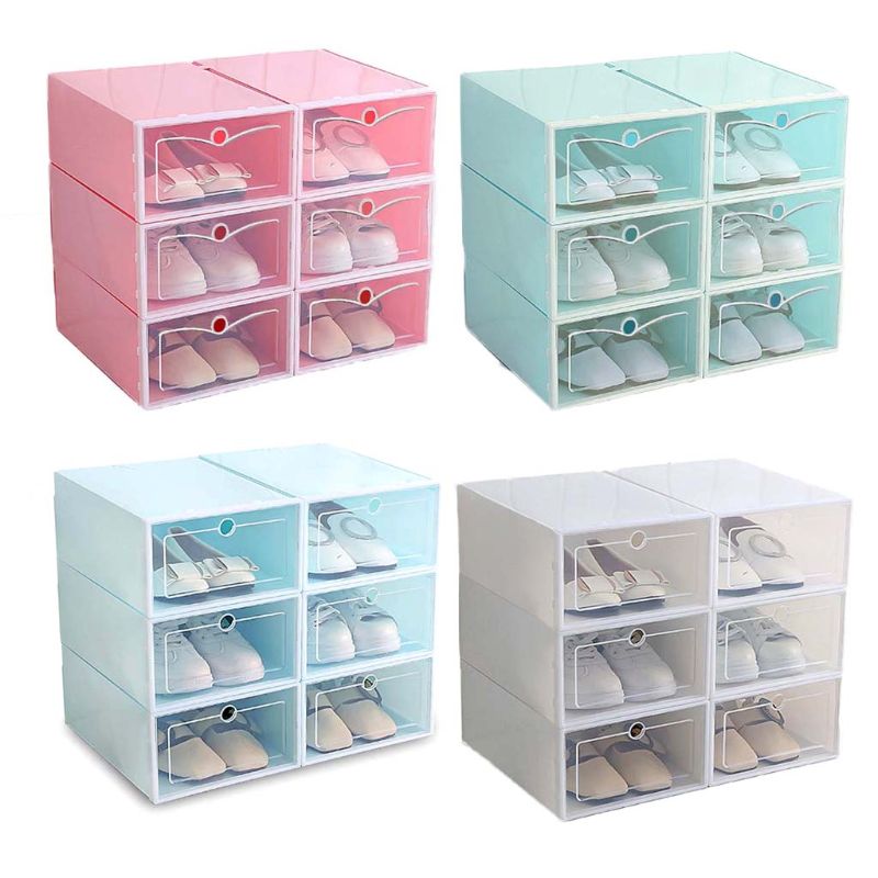6Pcs Plastic Shoe Box Stackable Foldable Shoe Organizer Drawer Storage Case with Flipping Clear Door Ladies Men 33.5x23.5x13cm