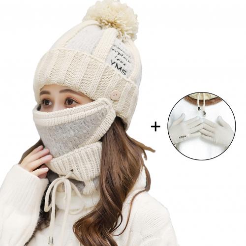 4 stk/sett dame vinter tykke strikkede bokstaver lue skjerf ansiktsdekke hansker varmt sett: Beige