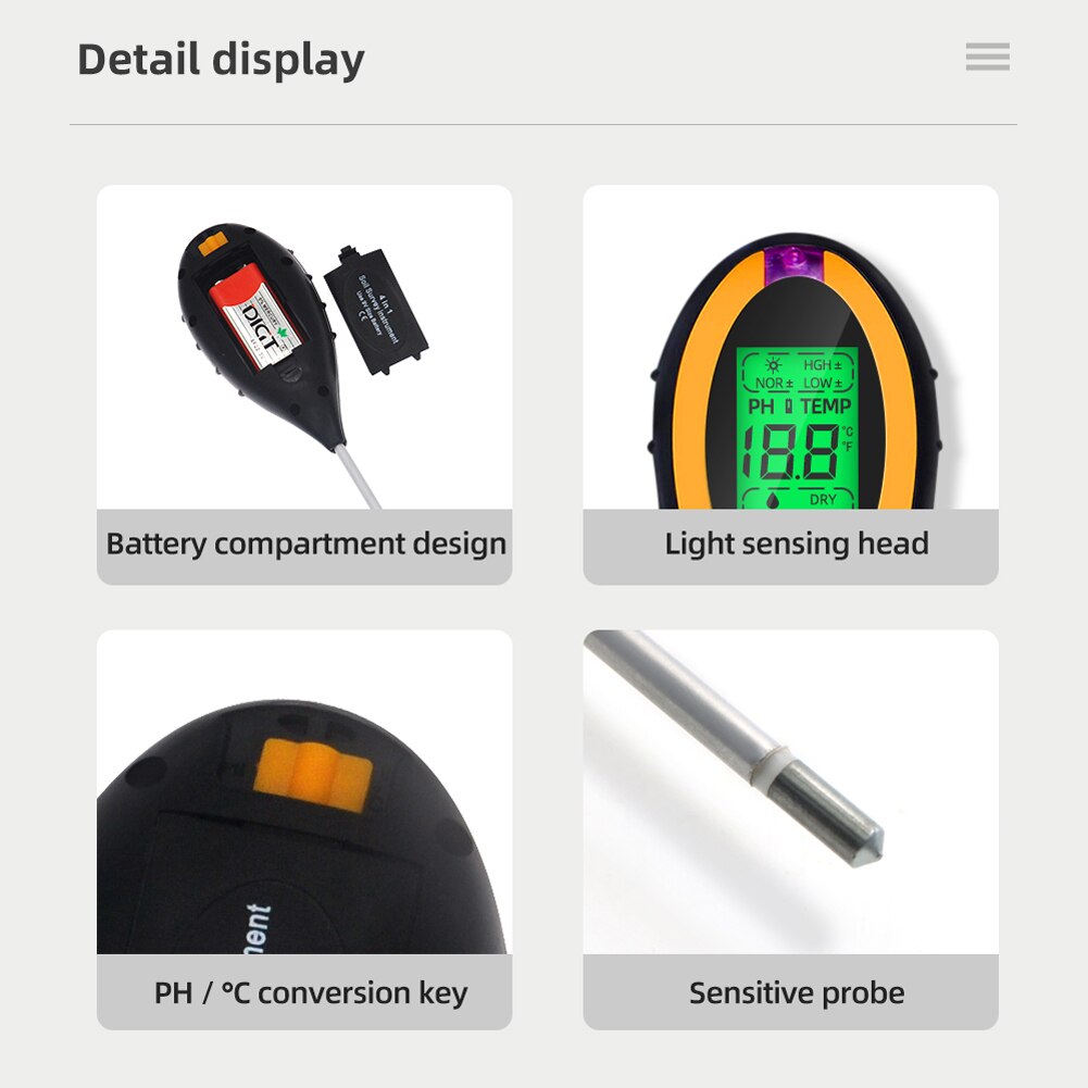 4in1 Digital Soil Analyzer Multifunctional Soil Tester Sunlight Intensity PH Value Moistures Temperature Detector Meter